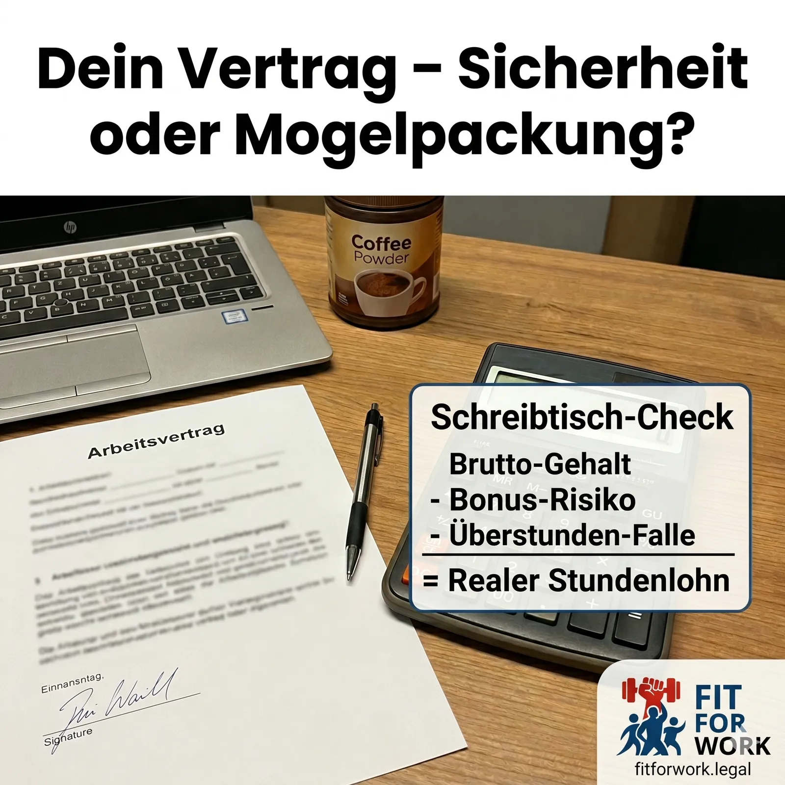 Fit4work-Grafik: Dein Vertrag – Sicherheit oder Mogelpackung? Schreibtisch-Check für den realen Stundenlohn.